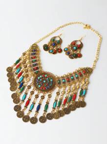 女士迷人异国复古混色吊坠项链和耳环首饰套装，适合宴会、派对、旅行、时尚配饰、礼物 - 金色 - 查看 4