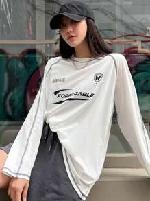 DAZY Áo thun nữ Hình học Slogan Giải trí - trắng - Xem 1