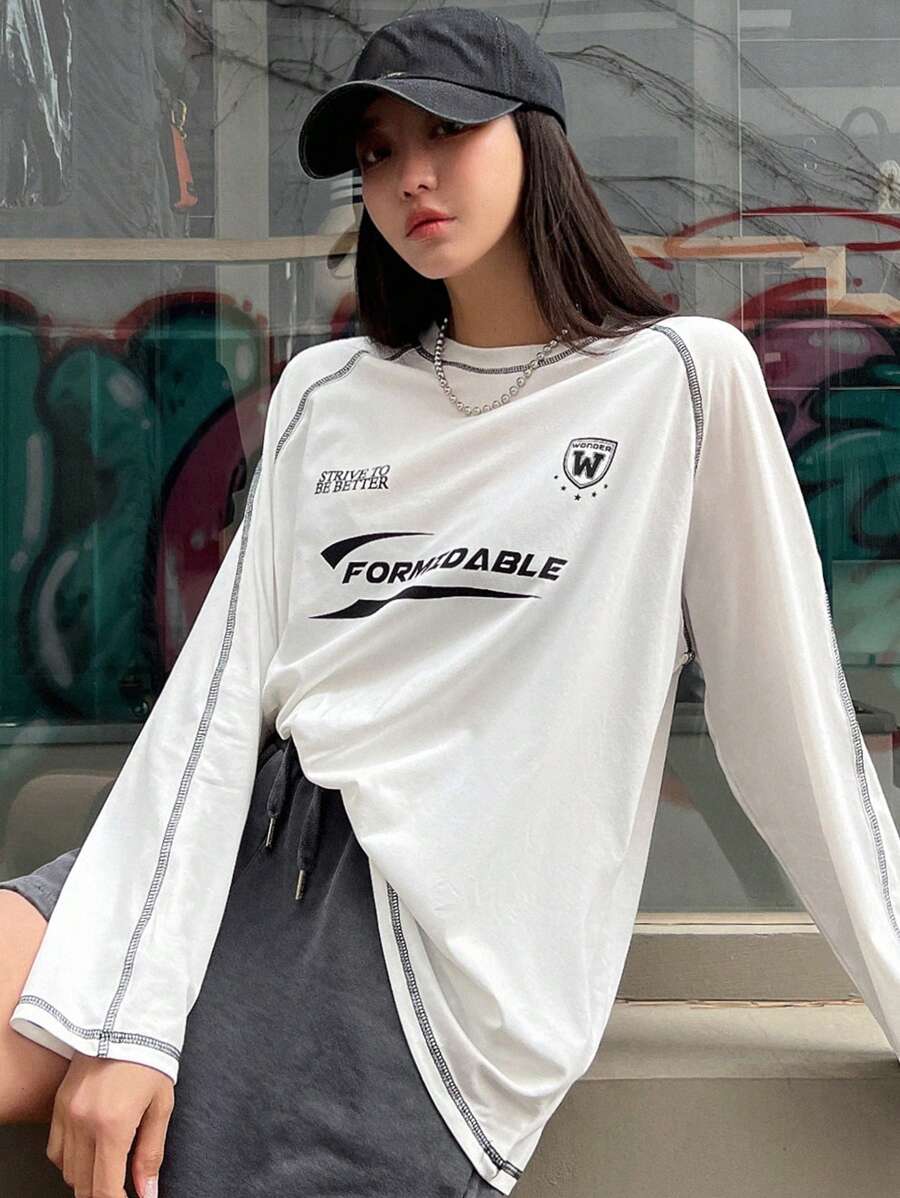 DAZY Áo thun nữ Hình học Slogan Giải trí - trắng - Xem 1