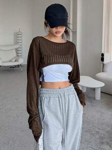 DAZY Áo thun nữ màu trơn Giải trí - Cà phê nâu - Xem 3