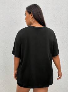 SHEIN EZwear Plus Letter Graphic Drop Shoulder Tee - Black - View 2