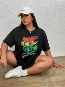 SHEIN EZwear Plus Letter Graphic Drop Shoulder Tee - Black - View 5