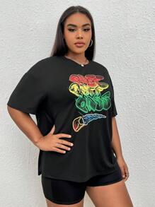 SHEIN EZwear Plus Letter Graphic Drop Shoulder Tee - Black - View 6