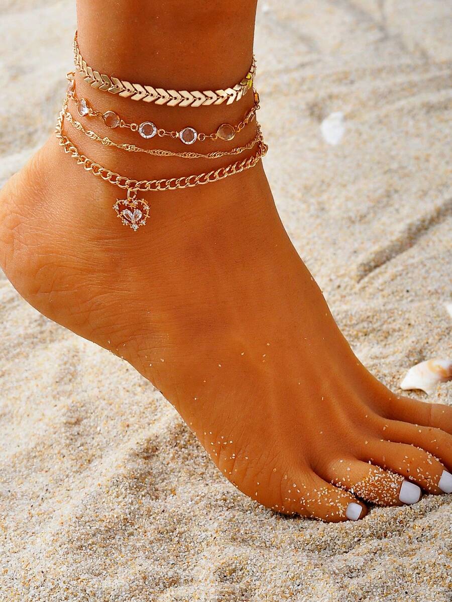 Bộ 4 chiếc/Bộ Lắc chân nhiều lớp hình trái tim đơn giản thời trang đính đá Cubic Zirconia cho nữ, số lượng đá quý ngẫu nhiên ngày lễ tình nhân - Vàng - Xem 1