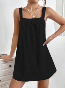 SHEIN PETITE Đầm màu trơn Giải trí - màu đen - Xem 3