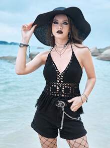 ROMWE 鏤空流蘇下擺後背繫帶吊脖針織上衣 - 黑色 - 查看 1