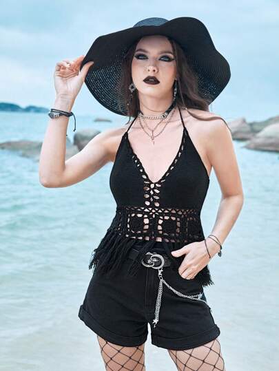 Summer Crochet Beach Holiday Hollow Out Fringe Hem Tie Backless Halter Knit Top