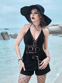 ROMWE 鏤空流蘇下擺後背繫帶吊脖針織上衣 - 黑色 - 查看 3