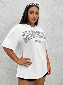 SHEIN EZwear Áo thun Plus size Lá thư Giải trí - trắng - Xem 3