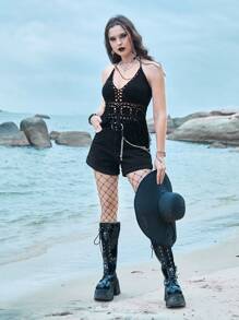 ROMWE 鏤空流蘇下擺後背繫帶吊脖針織上衣 - 黑色 - 查看 4