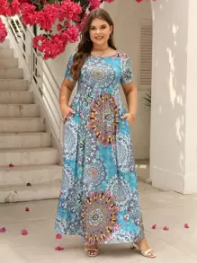 Nemidor Plus Size Boho Mandala Print Hidden Pocket Dress, For Summer - Multicolor - View 1