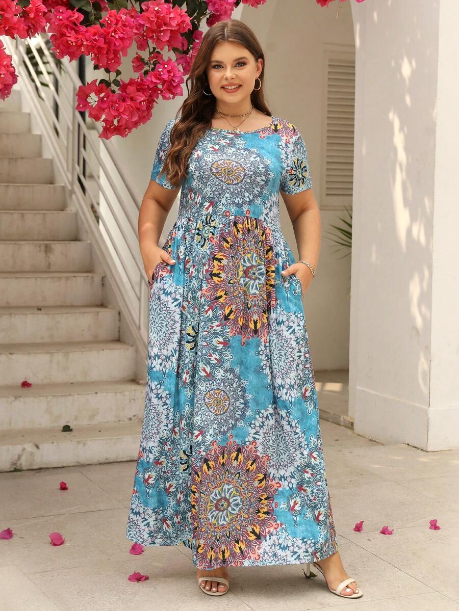 Nemidor Plus Size Boho Mandala Print Hidden Pocket Dress, For Summer - Multicolor - View 1