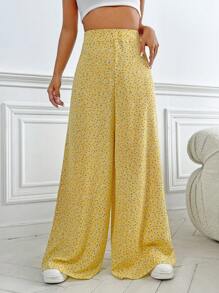 SHEIN VCAY Pantalones de pierna ancha con estampado floral - Amarillo - Ver 1