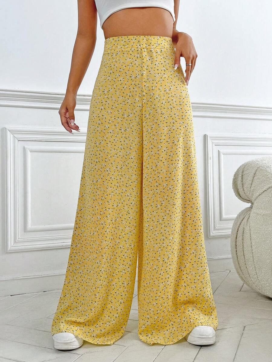 SHEIN VCAY Pantalones de pierna ancha con estampado floral - Amarillo - Ver 1