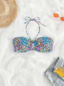 SHEIN Swim Summer Beach Ditsy Floral Print Halter Bikini Top - Multicolor - View 1
