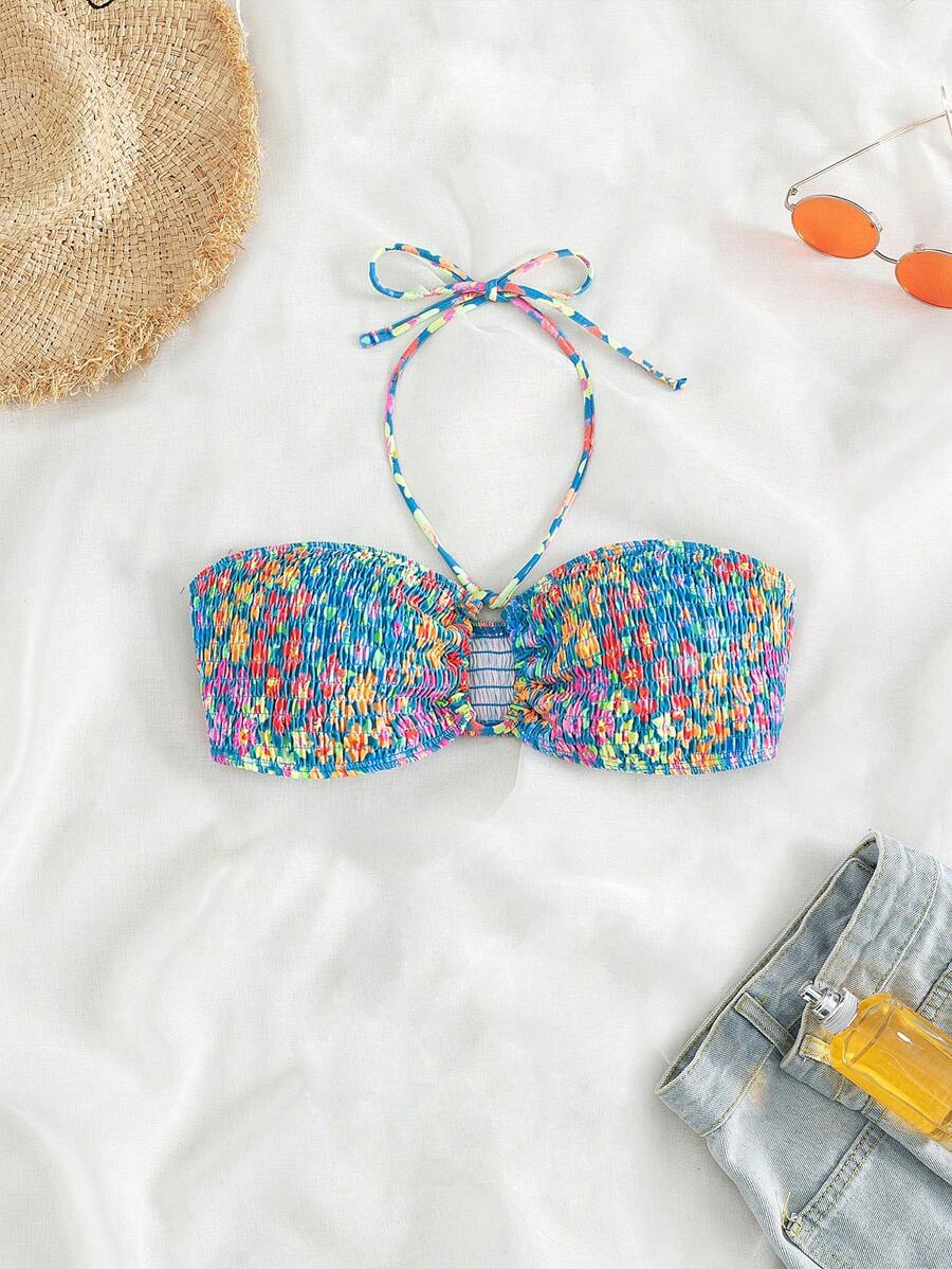 SHEIN Swim Summer Beach Ditsy Floral Print Halter Bikini Top - Multicolor - View 1