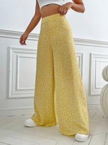 SHEIN VCAY Pantalones de pierna ancha con estampado floral - Amarillo - Ver 3