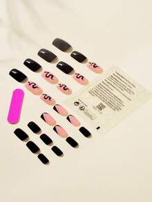 Elevate Your Style With 24pcs Long Square Black French Snake Pattern Fake Nail & 1pc Nail File & 1sheet Nail Tape Press On Nails Nail Supplies - Multicolor - View 2