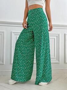 SHEIN VCAY 碎花闊腿褲 - 綠色 - 查看 3