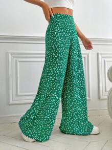 SHEIN VCAY 碎花闊腿褲 - 綠色 - 查看 4