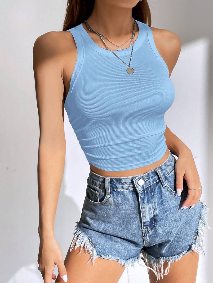SHEIN EZwear Solid Ruched Side Crop Tank Top - Blue - View 1