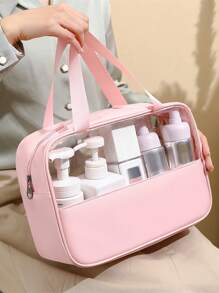 女性化妝包防水旅行化妝袋化妝包洗漱袋手提袋化妝包洗漱袋學校用品適用於大學宿舍,旅行必備的防水海灘袋,海灘必需品海灘毛巾組織袋,海灘配件,假日必備的夏季假日包 - 粉色 - 查看 3
