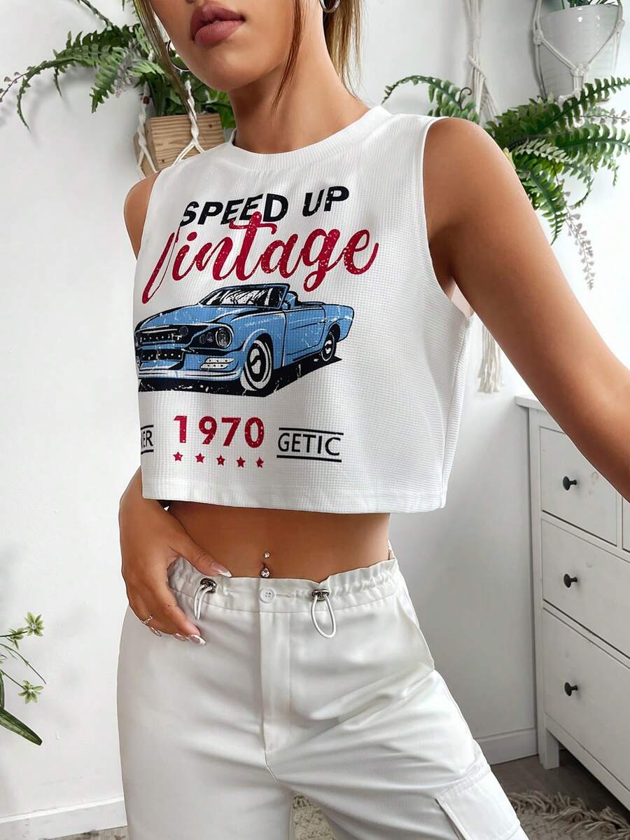 SHEIN Coolane 汽車和字母圖案背心上衣 - 白色 - 查看 1