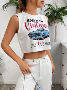 SHEIN Coolane 汽車和字母圖案背心上衣 - 白色 - 查看 5