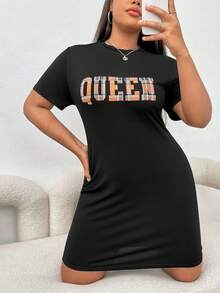 SHEIN EZwear 大碼字母圖案連衣裙 - 黑色 - 查看 4