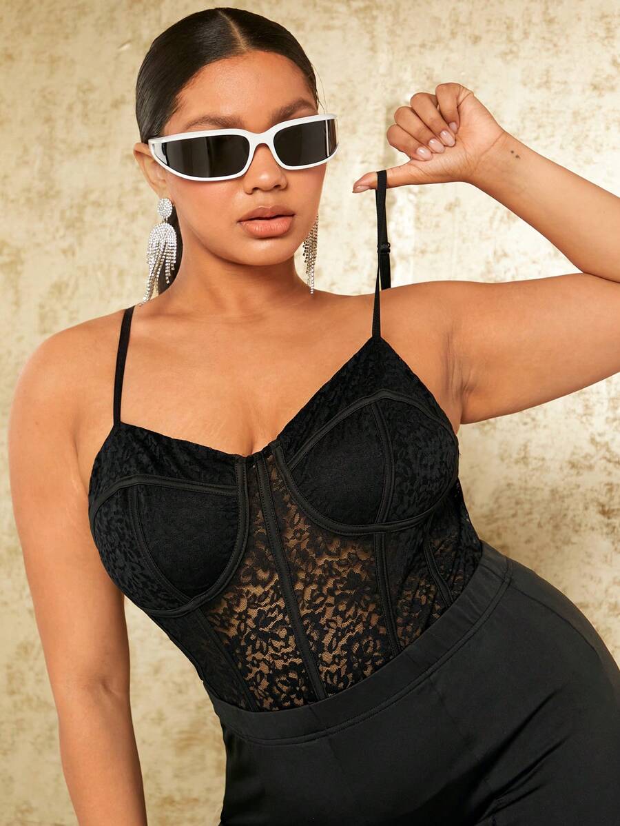 SHEIN SXY 大碼緊身上衣蕾絲吊帶連體衣 - 黑色 - 查看 1