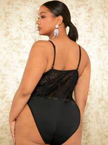 SHEIN SXY 大碼緊身上衣蕾絲吊帶連體衣 - 黑色 - 查看 2