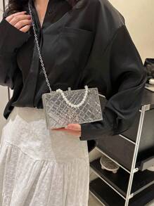 Tas Kotak Mini Rantai Hiasan Mutiara Imitasi - Clear - View 3
