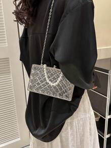 Tas Kotak Mini Rantai Hiasan Mutiara Imitasi - Clear - View 5