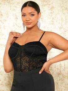 SHEIN SXY 大碼緊身上衣蕾絲吊帶連體衣 - 黑色 - 查看 4