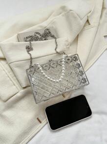 Tas Kotak Mini Rantai Hiasan Mutiara Imitasi - Clear - View 7