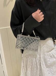 Tas Kotak Mini Rantai Hiasan Mutiara Imitasi - Clear - View 8