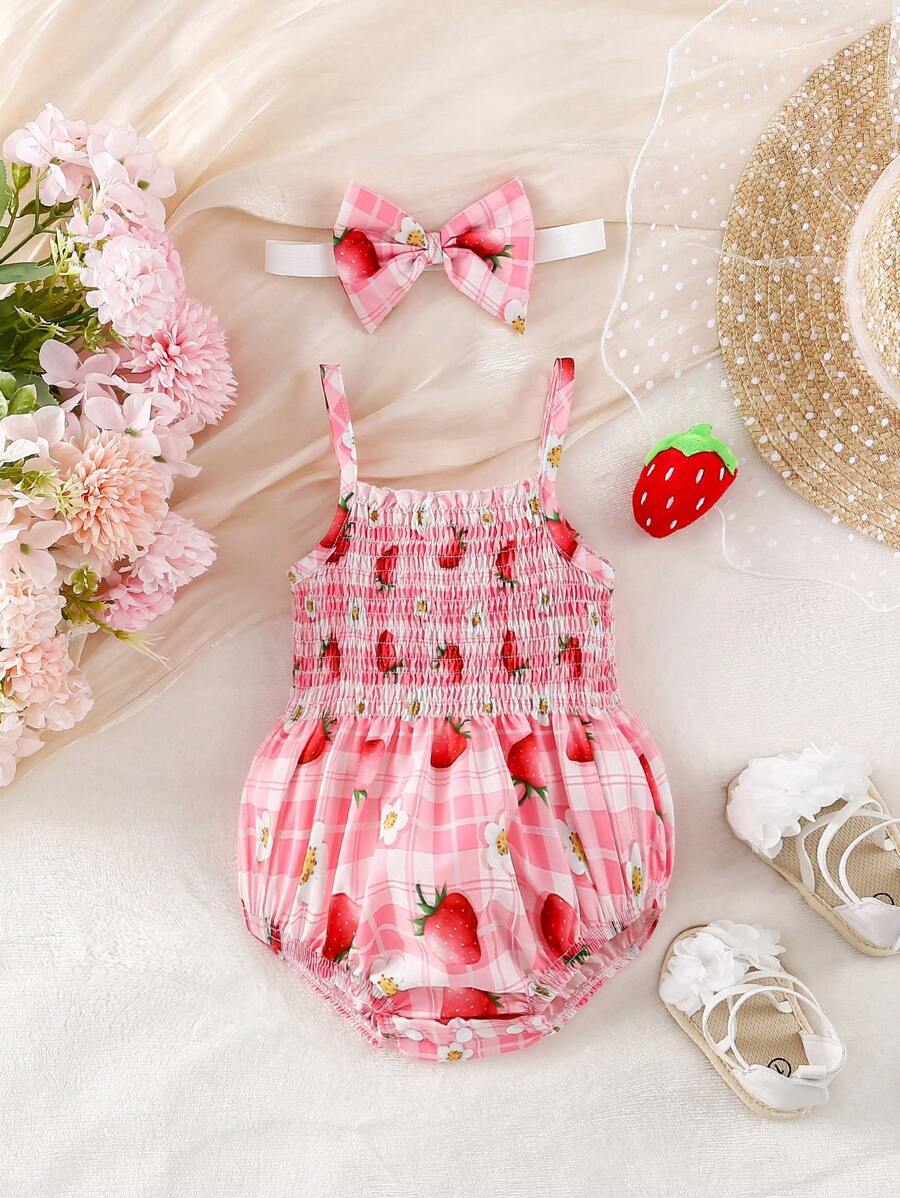 SHEIN Bodysuits Em bé Dải chun Kẻ sọc Rau quả - Hồng - Xem 1