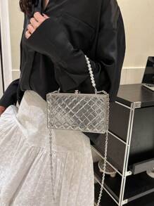 Tas Kotak Mini Rantai Hiasan Mutiara Imitasi - Clear - View 9