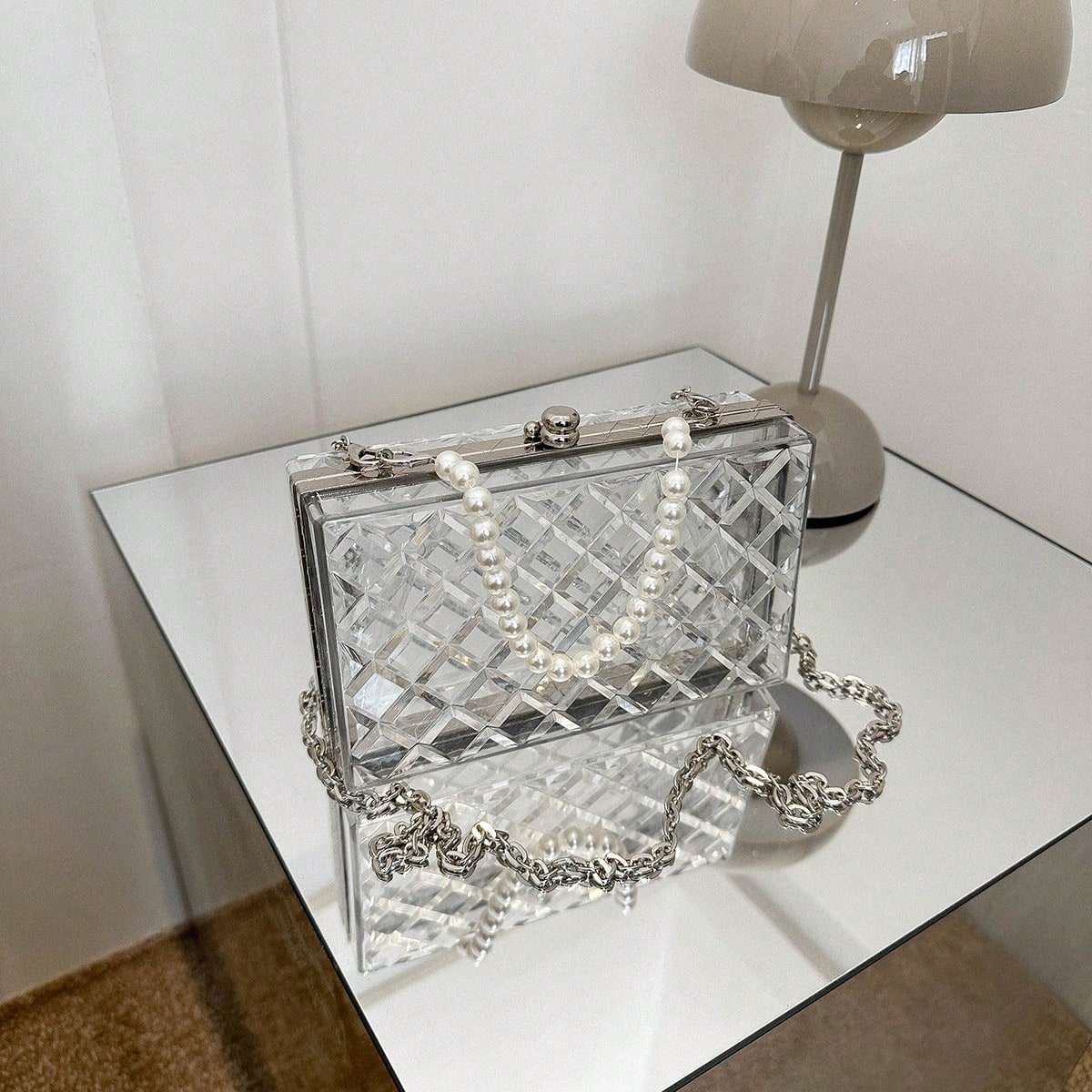 Mini Bolso De Caja Con Decoración De Perlas Sintéticas, Bolso De Cadena Y Hombro De Moda, Lujo Sutil Y Portátil Para Mujer