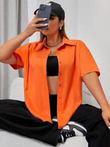 SHEIN EZwear Plus Solid Button Front Drop Shoulder Shirt - Orange - View 1