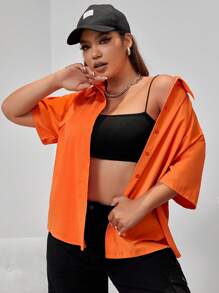 SHEIN EZwear Plus Solid Button Front Drop Shoulder Shirt - Orange - View 4