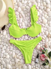 SHEIN Swim Summer Beach Ruffle Trim Underwire Bikini Set - Lime Green - View 1