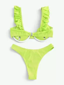 SHEIN Swim Summer Beach Ruffle Trim Underwire Bikini Set - Lime Green - View 2