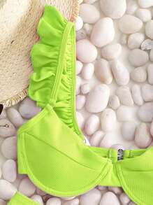 SHEIN Swim Summer Beach Ruffle Trim Underwire Bikini Set - Lime Green - View 4