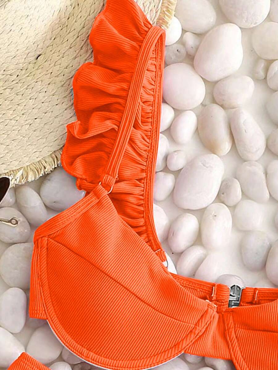 SHEIN Swim Conjunto de bikini con aros y ribetes de volantes para playa