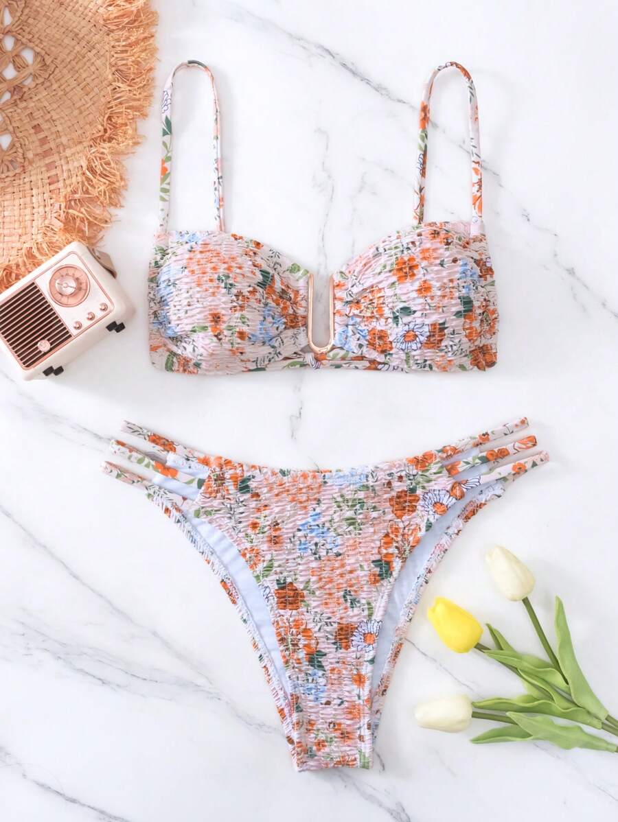 SHEIN Swim 花卉印花镂空比基尼套装夏季 - 彩色 - 查看 1