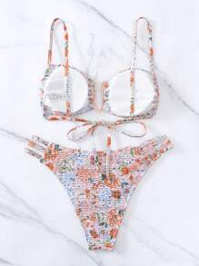 SHEIN Swim 花卉印花镂空比基尼套装夏季 - 彩色 - 查看 2