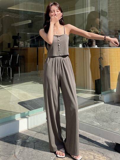 DAZY 2 件套女士商务休闲纯色纽扣吊带背心和裤子套装