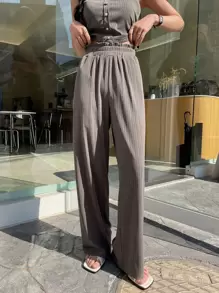 DAZY 2件套女士商务休闲纯色纽扣吊带背心和裤子套装，女士家居服套装，女士短款套装 - 摩卡棕 - 查看 6