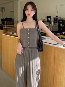 DAZY 2件套女士商务休闲纯色纽扣吊带背心和裤子套装，女士家居服套装，女士短款套装 - 摩卡棕 - 查看 8